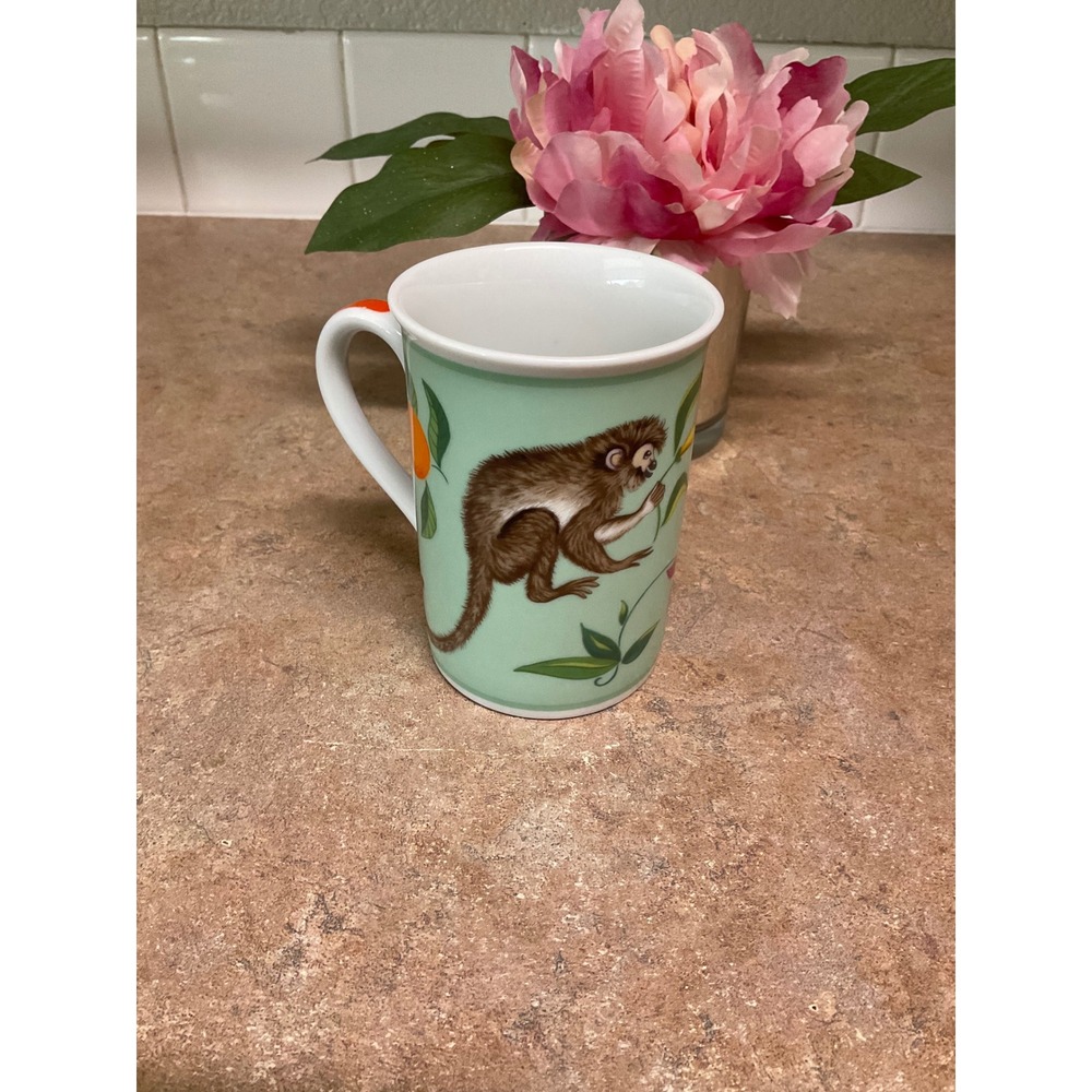 Lynn Chase Monkey Business Mug 1995 Tropical Wildlife Cockatoo Mint Green AS IS